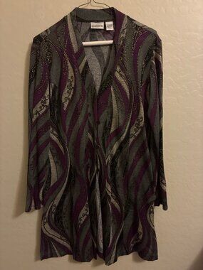Chico’s Purple Gray Gold Swirl Button Cardigan Size 1
